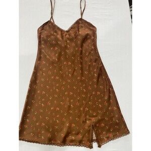 Wild Fable Brown Cherry Print Satin Mini Slip Dress Lace Trim Cottagecore Boho S